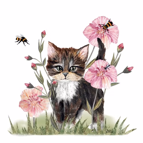 Servett "Katt med rosa blommor" - Svensk design Åsa-Pia Andersson