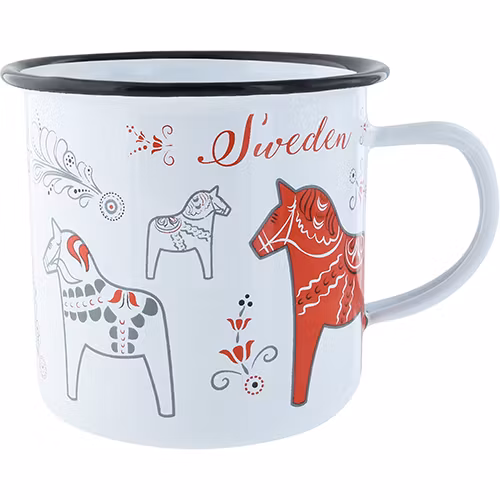 Emaljmugg Dalahäst Kurbits, vit, ø9 x 9 cm