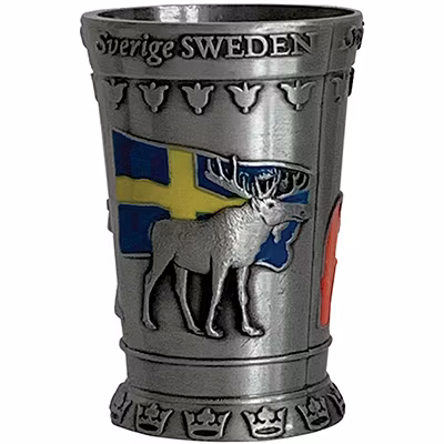 Shotglas i Tenn:  Dalahäst, älg, ren