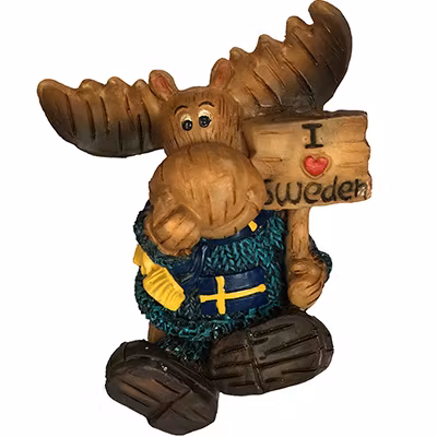 Sittande Älgfigur med skylt, blå, 8cm