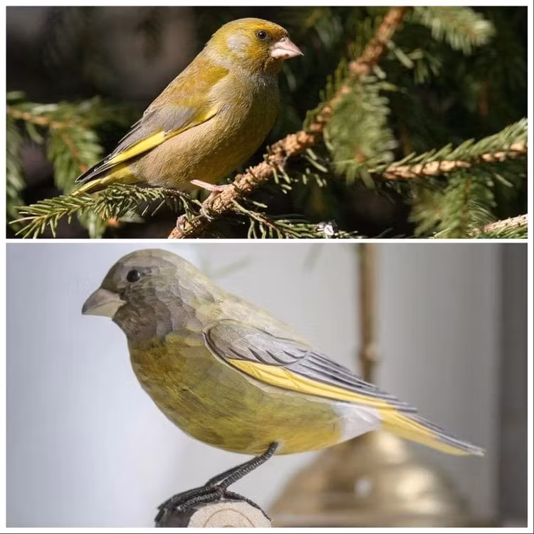 Handsnidad Grönfink i trä