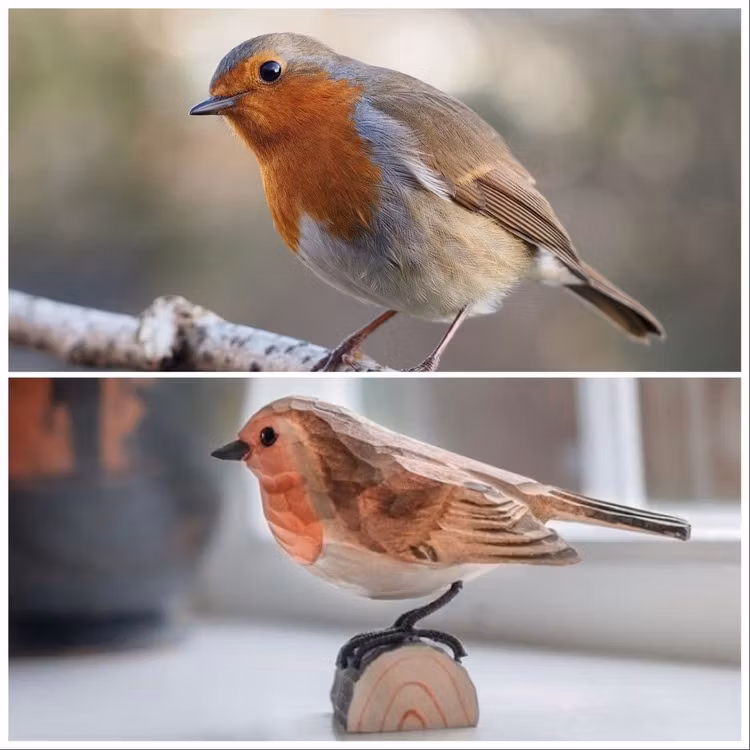 Handsnidad Rödhake i trä