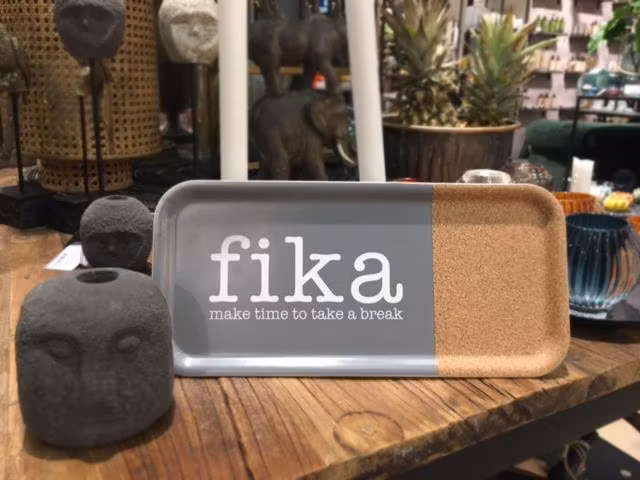 Bricka 32x15 cm kork, Make time Fika, grå