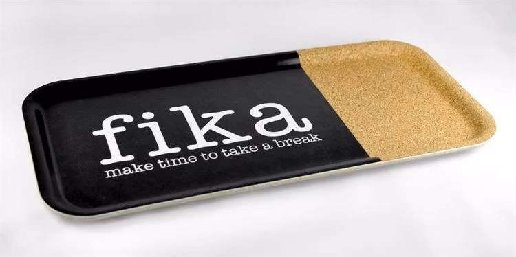 Bricka 32x15 cm kork, Make time Fika, Svart