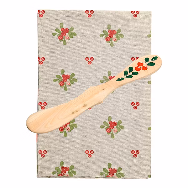 Handduk och handmålad smörkniv, Lingon