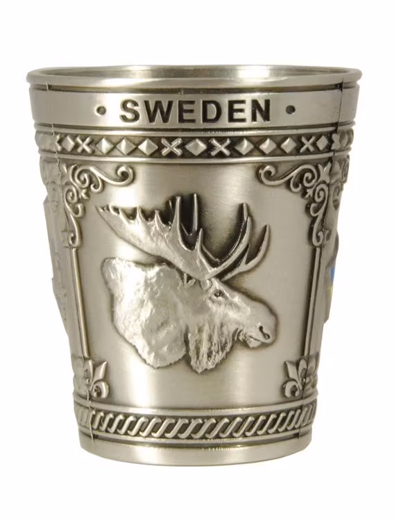 Shotsglas metall älg, vikingaskepp, Svensk flagga