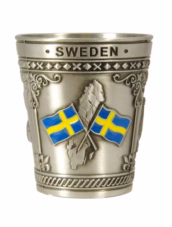 Shotsglas metall älg, vikingaskepp, Svensk flagga