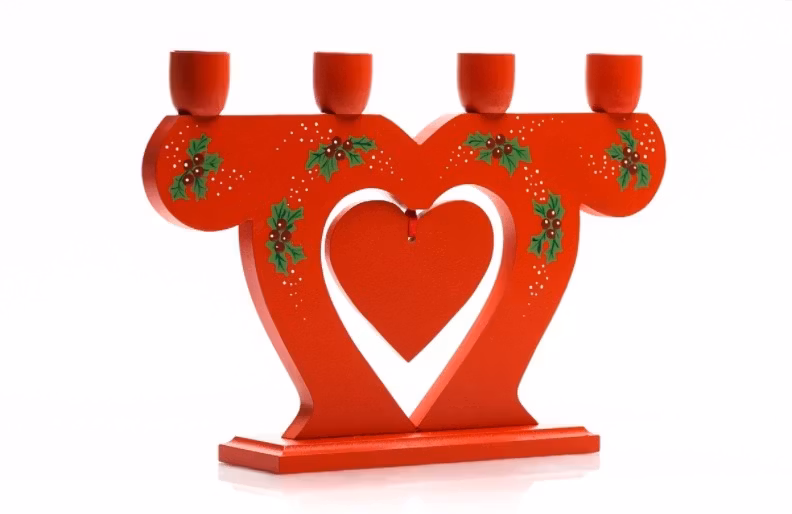 4-armad ljusstake Handmålad med hjärta, lingon