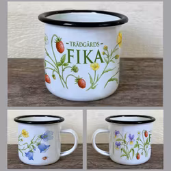 Emaljmugg, Trädgårds FIKA, handmålade motiv