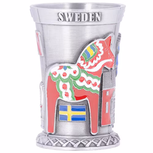 Shotglas metall, dalahäst, älg, kronan