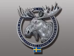 Metallmagnet mit detailliertem Elchmotiv und schwedischer Flagge