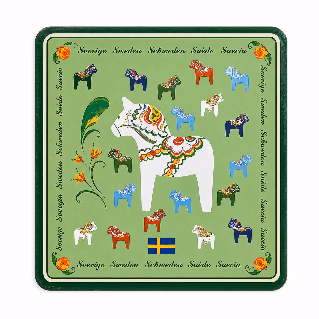 Coasters with Dala horse motif in 3 different colors