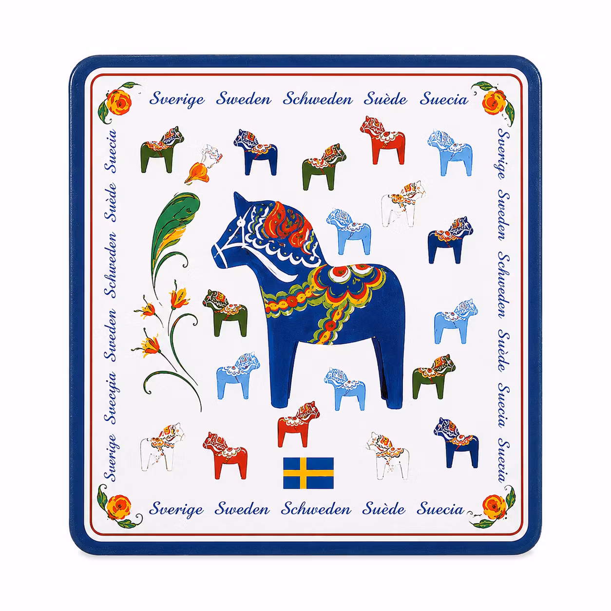 Coasters with Dala horse motif in 3 different colors