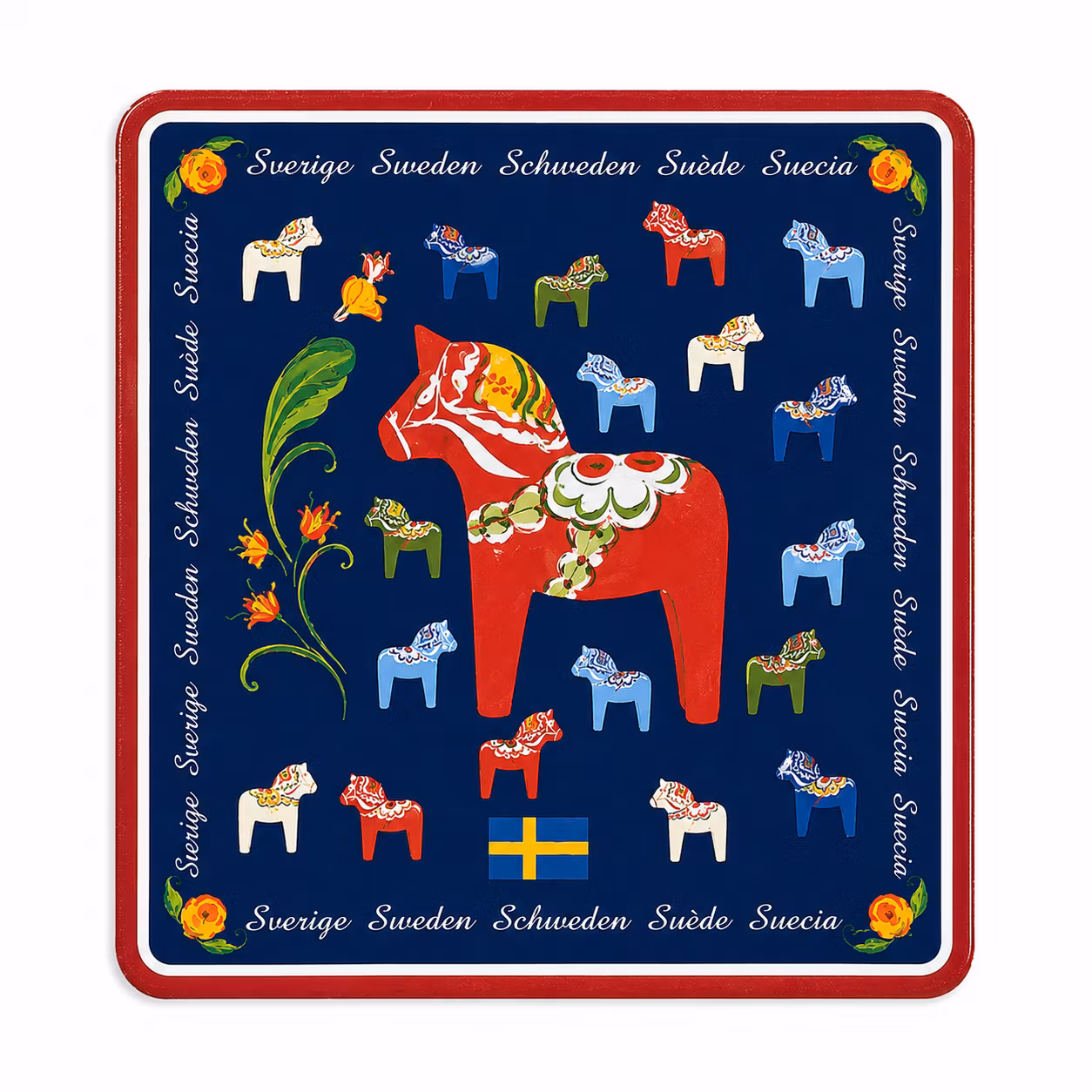 Coasters with Dala horse motif in 3 different colors