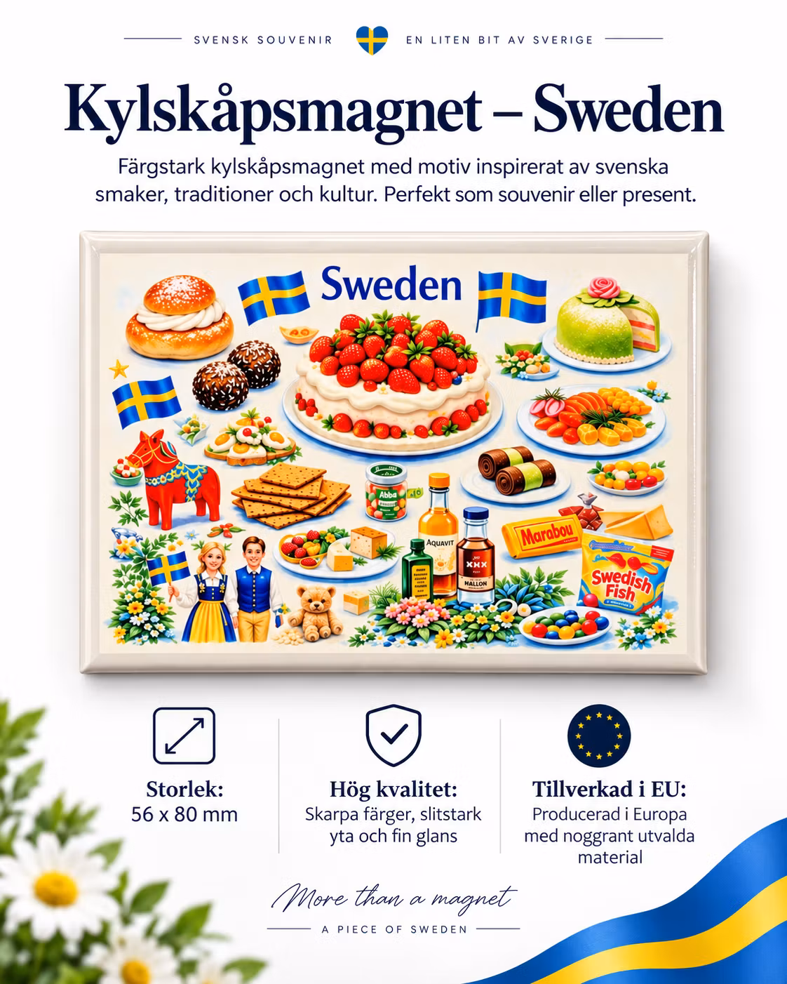 Sweden Magnet – Svenska klassiker & smaker, 55 × 80 mm