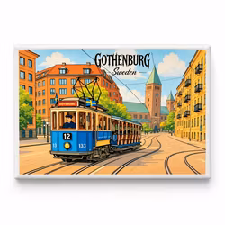 Göteborg Magnet – Retro motiv med klassisk spårvagn, 55 × 80 mm