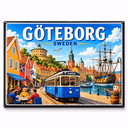 Göteborg Magnet – Klassisk stadsvy med spårvagn & hamn, 55 × 80 mm