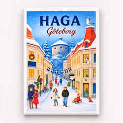 kylskåpsmagnet med vintermotiv från Haga i Göteborg