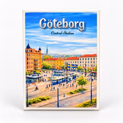 kylskåpsmagnet med motiv från Göteborg Centralstation och Drottningtorget