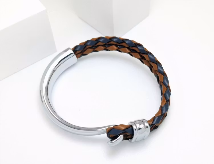 Concept Orange brown Blue Leather Metal Armband bild 2, vacker kombination av stainless steel samt läder. Perfekt present.