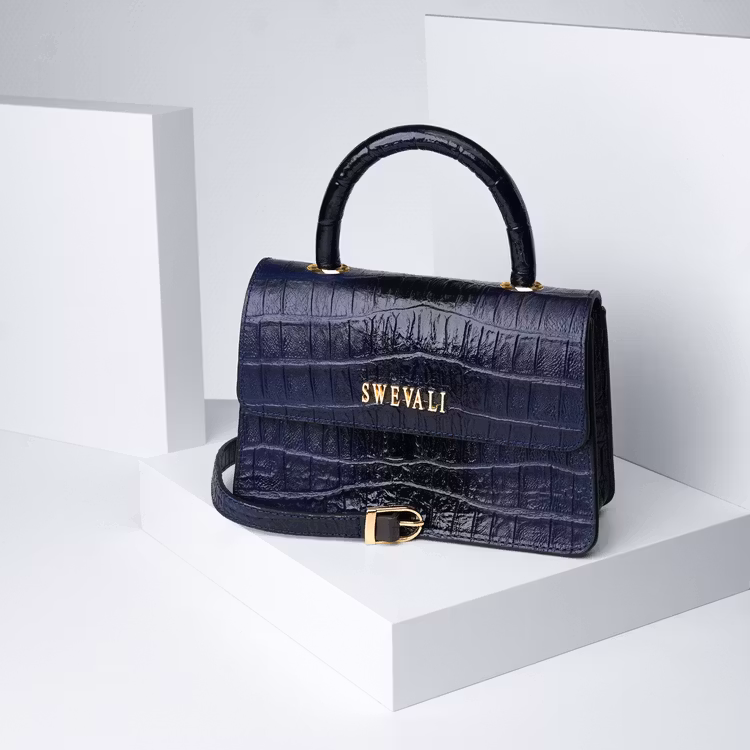 Leather set bags exotic croco blue night - clutch and sling bag with mobile case and pouch plus card holder and keyholder . bild 2