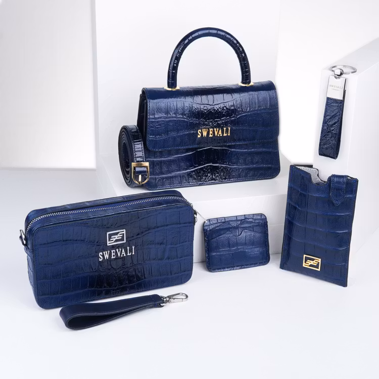 Leather set bags exotic croco blue night - clutch and sling bag with mobile case and pouch plus card holder and keyholder . bild 1