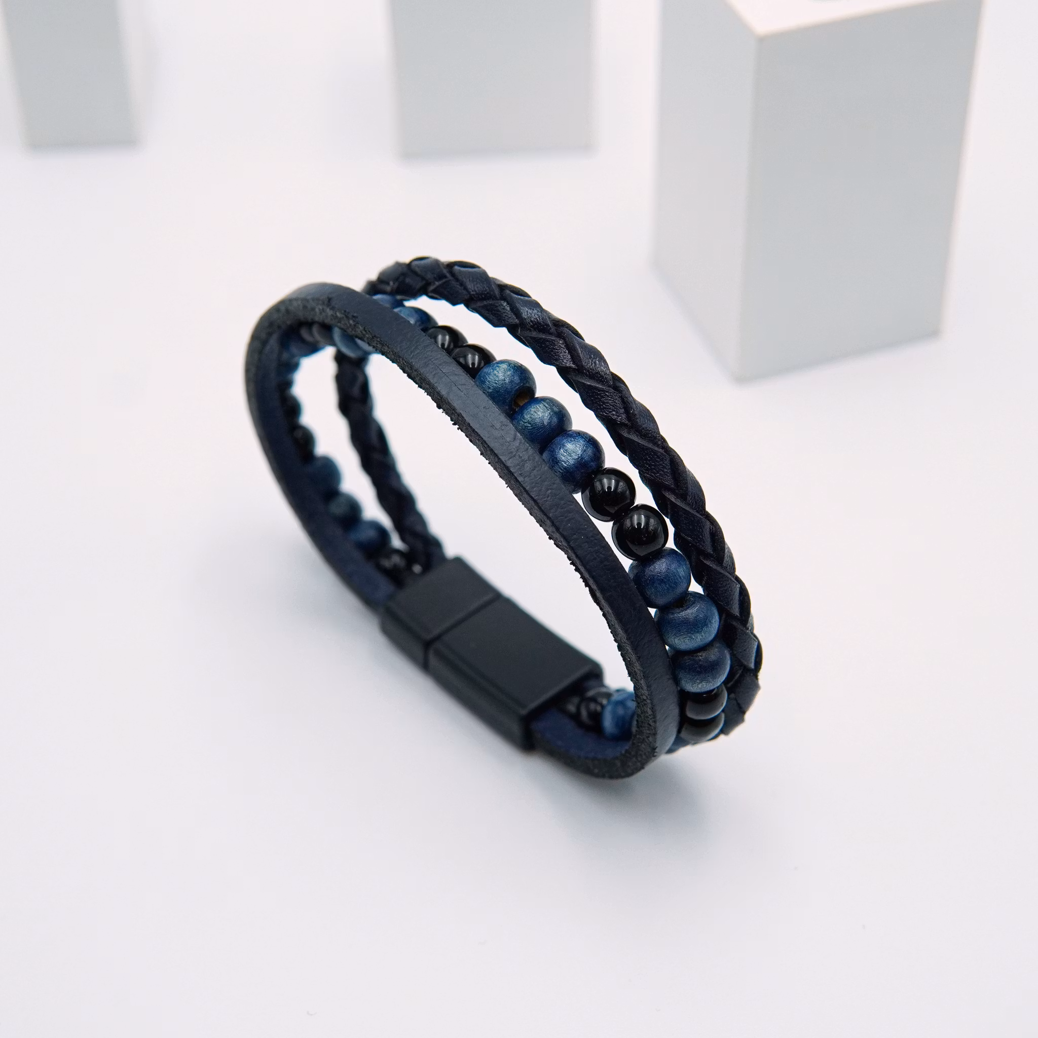 3 Lucky Shot Blue - Herr Leather Pärlrarmband  - SWEVALI