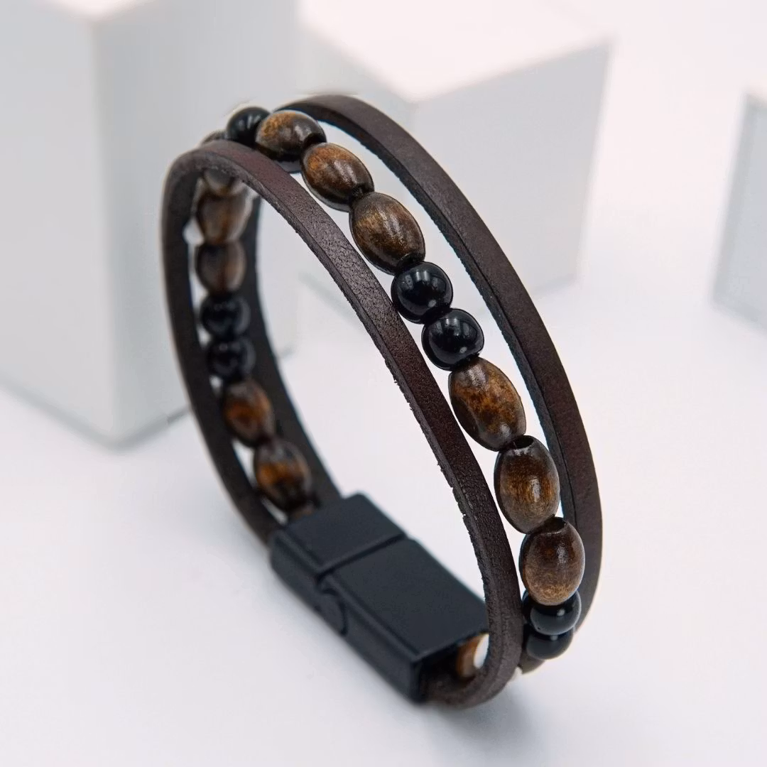 3 Lucky Shot Brown - Herr Leather Pärlrarmband  - SWEVALI