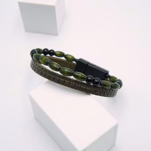 Lucky Shot Green - Herr Leather Pärlarmband  - SWEVALI