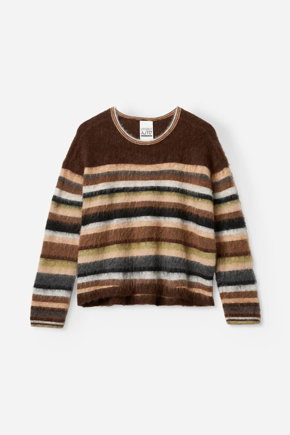 Bolette knit, en stickad tröja med ränder i vackra höstfärger, i mjuk kid mohair, från Project AJ117.