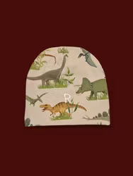 Rödtotts barnmössa i ekologisk bomullstrikå, Dinosaurieland.