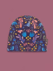 Rödtotts barnmössa i ekologisk bomullstrikå, Indigo Folk Art.