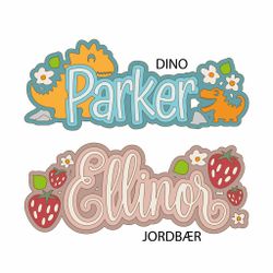 Navnskilt, JORDBÆR / DINO , laserkuttet kit i 3mm bjørekfinér naturell.