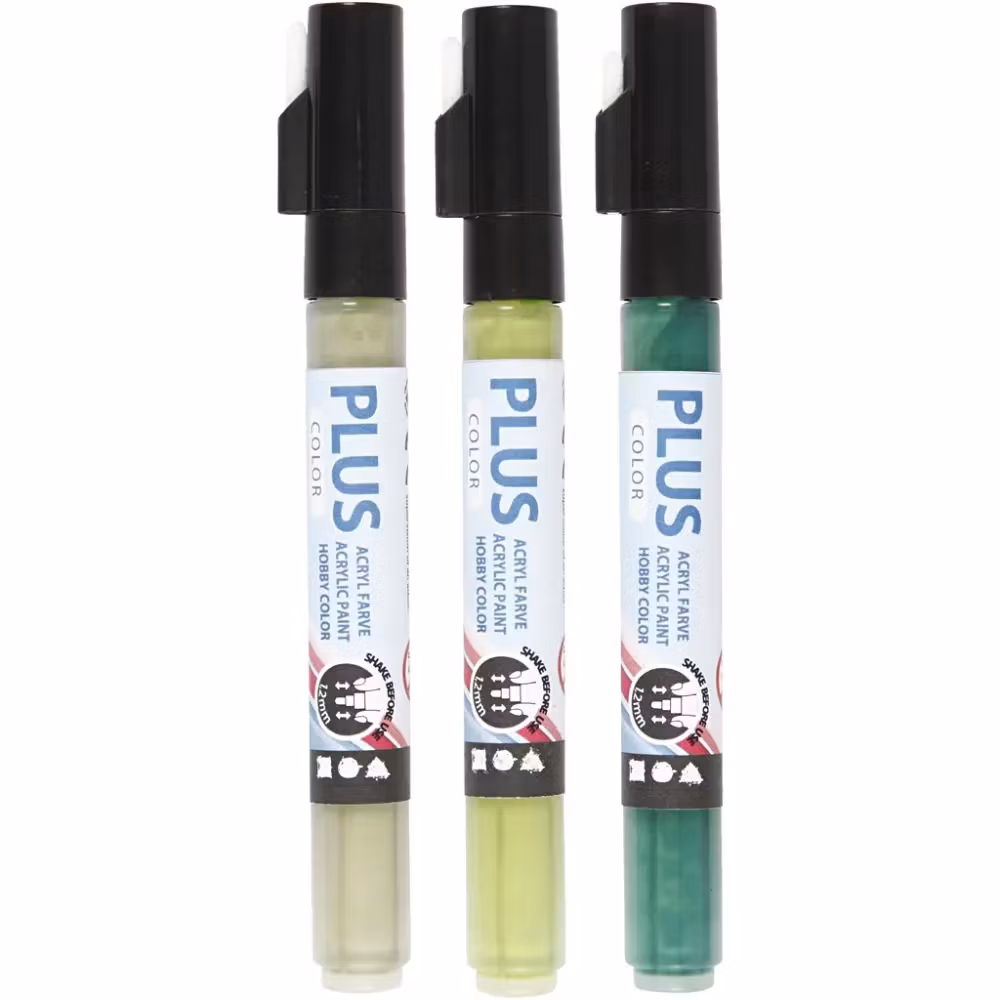 Akryltusj - Plus Color Tusj, L: 14,5 cm, strek 1-2 mm, mørk grønn, eukalyptus, bladgrønn, 5,5 ml, 3stk./ 1 pk.