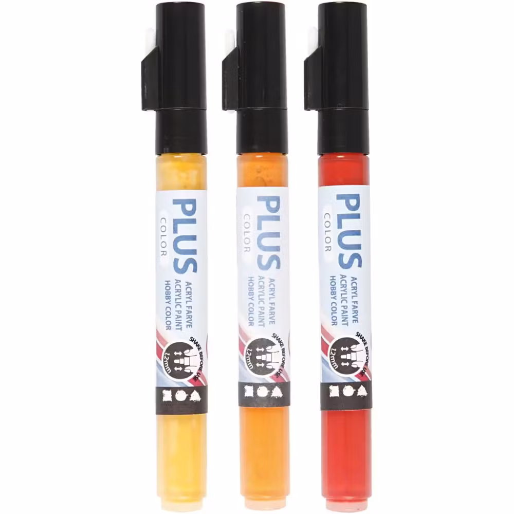 Akryltusj - Plus Color Tusj, L: 14,5 cm, strek 1-2 mm, 5,5 ml, 3stk./ 1 pk.