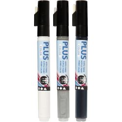 Akryltusj - Plus Color Tusj, L: 14,5 cm, strek 1-2 mm, svart, råhvit, regngrå, 5,5 ml, 3stk./ 1 pk.