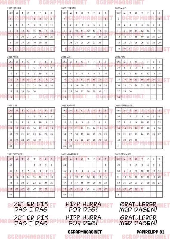 Forhåndsbestilling - Papirklipp 81 - Kalender 2026 klassisk LITEN