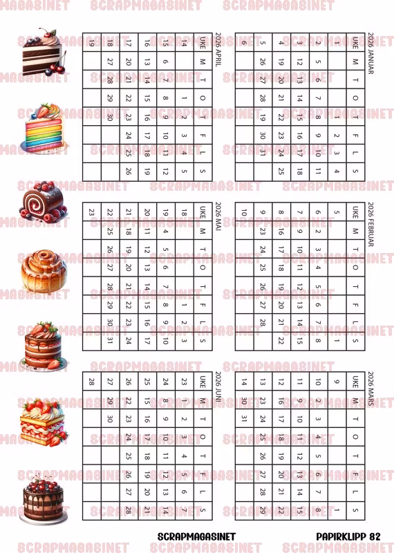 Forhåndsbestilling - Papirklipp 82 - Kalender 2026 klassisk mnd 1-6 STOR