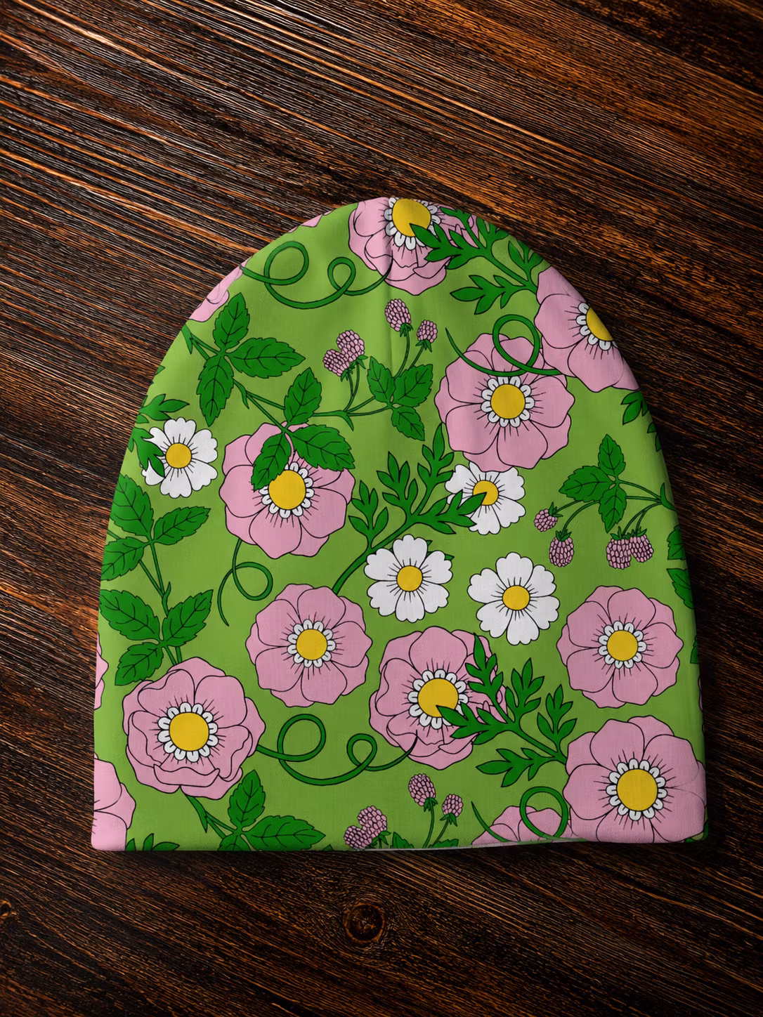 Mössa - Rosa blommor [Grön botten]