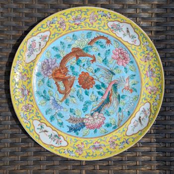 Chinese Antique porcelain plate with dragon and phoenix, 19th c #2628