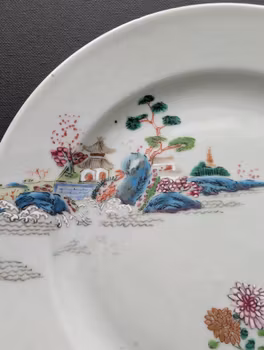 *Sold* Chinese antique famille rose plate with landscape scenes, Qianlong period #2808