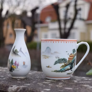 Chinese famille rose Porcelain vase & cup Second Half of 1900's 50's 60's 70's