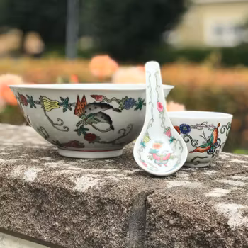 A set of Chinese Vintage Bowl, cup and spoon decorated with butterflies 1900's