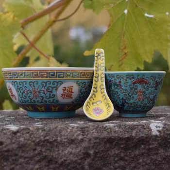 Vintage set of 3 piece Chinese Porcelain bowl, cup and spoon turquoise ground