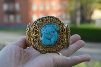 Antique chinese filigree sterling silver bracelet bangle with Turquoise big 70g #2371