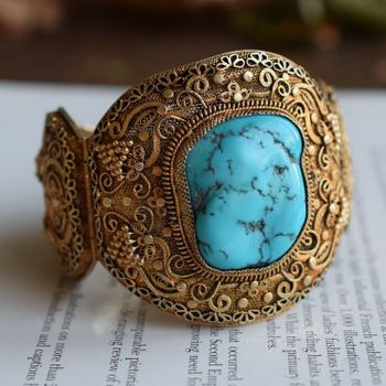Antique chinese filigree sterling silver bracelet bangle with Turquoise big 70g #2371