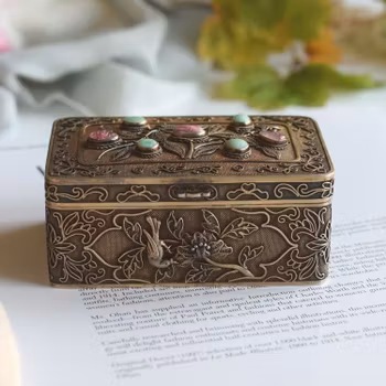 Antique Chinese export silver box filigree work with jade and tourmaline #2530