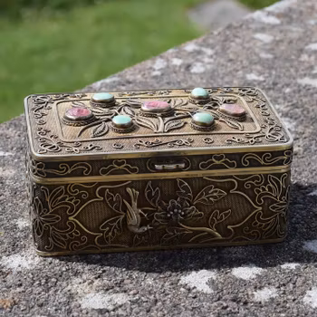 Antique Chinese export silver box filigree work with jade and tourmaline #2530