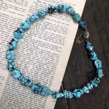 50's Vintage Chinese export to Sweden TURQUOISE necklace silver clasp BIG 84g