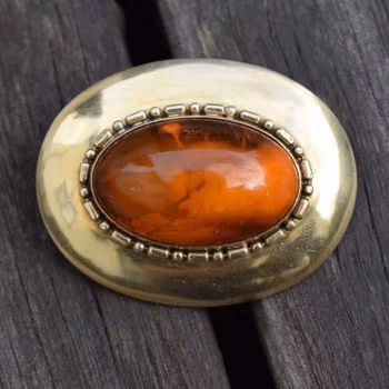 Antique Silver Brooch Gilded Silver with Natural Amber Art Nouveau／Art Deco 11g